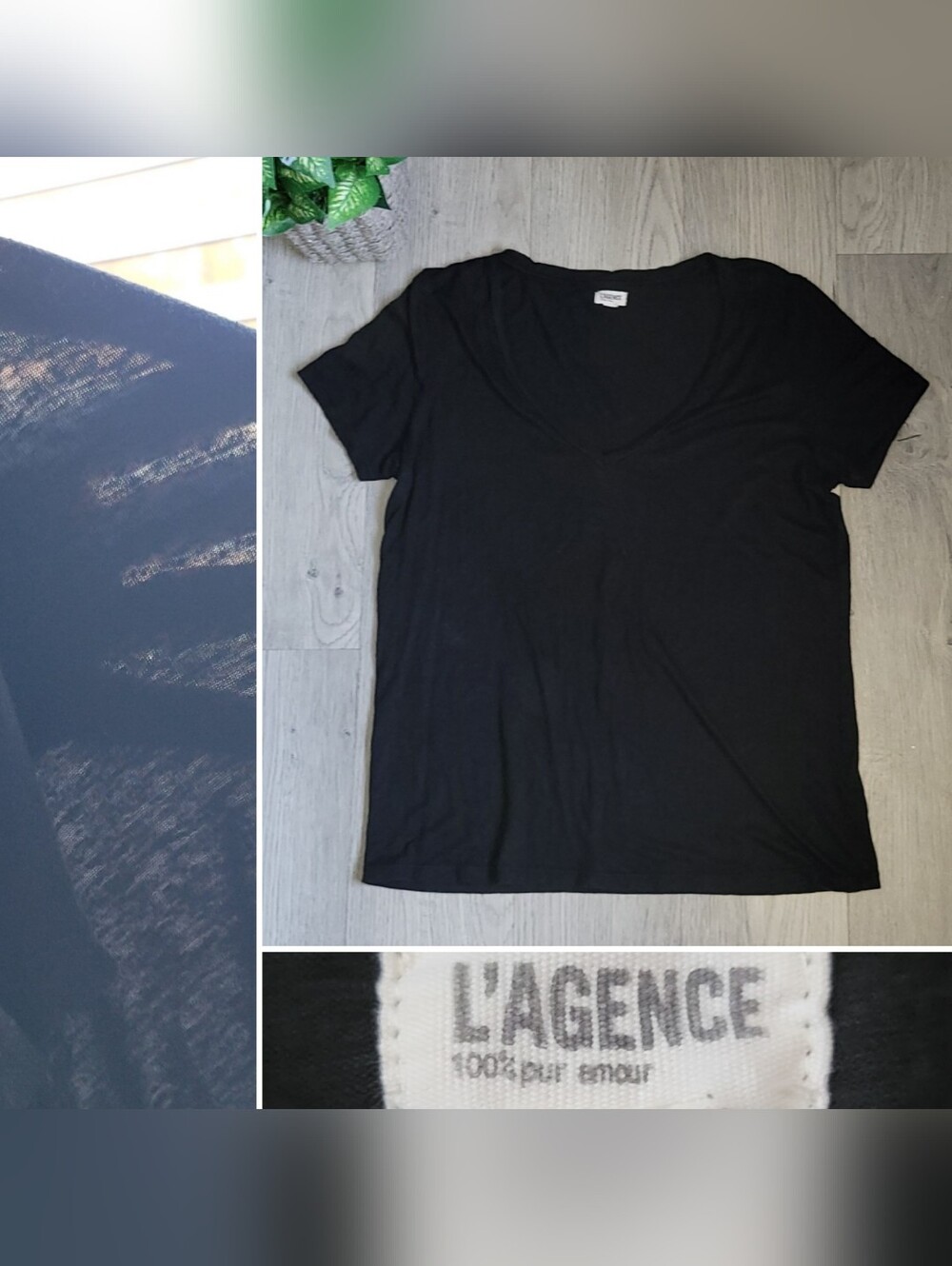 L'Agence Daija Relaxed V-Neck Hemp Blend Black T-Shirt, Women's Medium